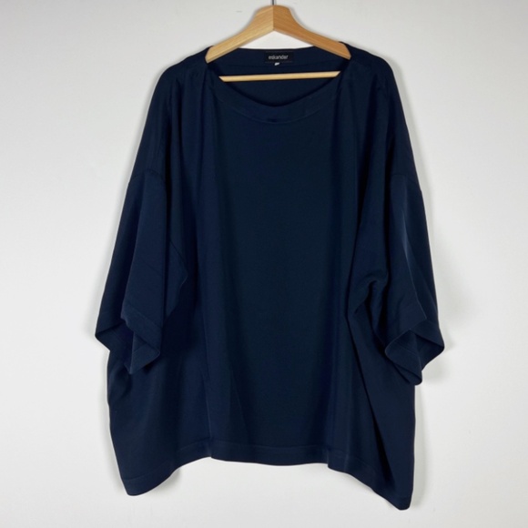 Eskandar 3/4 Sleeve Silk Chiffon Boat Neck Boxy Cut Blouse Shirt Top Navy Blue - Picture 1 of 4